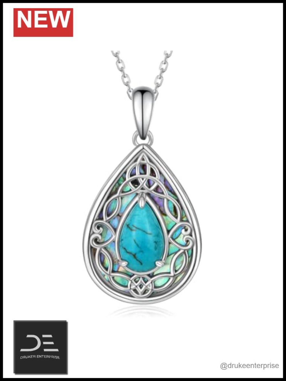 Genuine Turquoise Necklace 925 Sterling Silver Real Gemstone Pendant Abalone